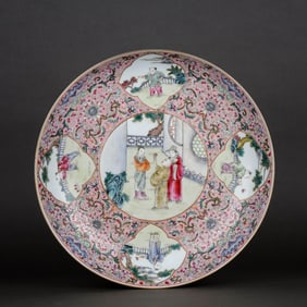 A RUBY RED-GROUND FAMILLE ROSE MEDALLION 'FIGURES' DISH
