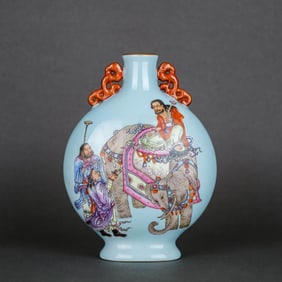 A TURQUOISE-GREEN GROUND FAMILLE ROSE 'ELEPHANT AND FIGURES WITH POETRY' MOONFLASK