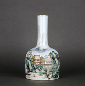A FAMILLE ROSE 'LANDSCAPE AND PAVILIONS' BELL-SHAPED VASE
