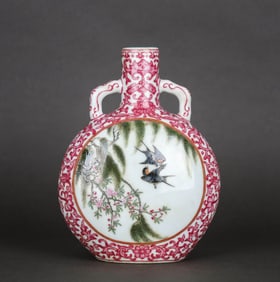 A CARNELIAN-RED MEDALLION FAMILLE ROSE 'FLOWERS AND BIRDS' FLAT VASE