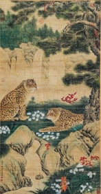 GIUSEPPE CASTIGLIONE (1688-1766), ATTRIBUTED TO, TWO LEOPARDS BY PINE AND SPRING