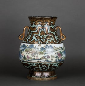 A GILT MEDALLION FAMILLE ROSE 'LANDSCAPE AND FIGURES' RUYI-HANDLED VASE