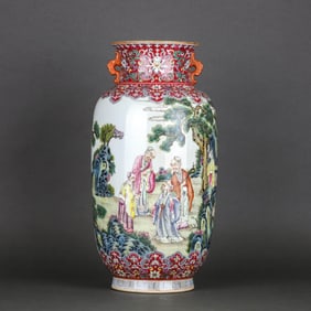 A RUBY-RED GROUND FAMILLE ROSE 'FIGURE SCENE'  LANTERN-SHAPED VASE