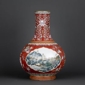 A CORAL-RED FAMILLE ROSE MEDALLION 'LANDSCAPE' GLOBULAR VASE
