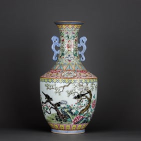 A FAMILLE ROSE 'FLOWERS, BIRDS AND POETRY' VASE