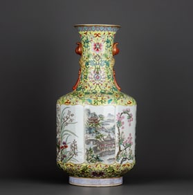 A YELLOW-GROUND FAMILLE ROSE MEDALLION 'LANDSCAPE' VASE