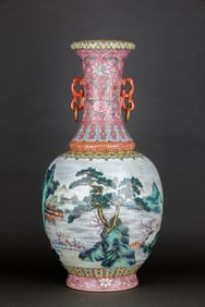 A FAMILLE ROSE 'LANDSCAPE AND FIGURES' VASE