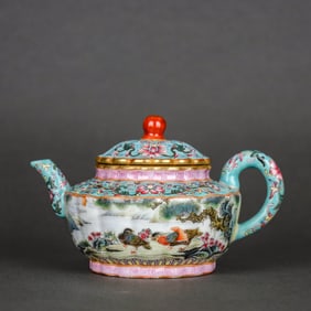 AN ENAMEL 'FLOWERS, BIRDS AND POETRY' TEAPOT