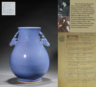 AN BLUE-GLAZED RAM-HEAD VASE