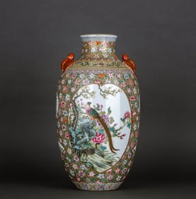 A GOLDEN GROUND ENAMEL MEDALLION 'FLOWERS, BIRDS AND POETRY' VASE