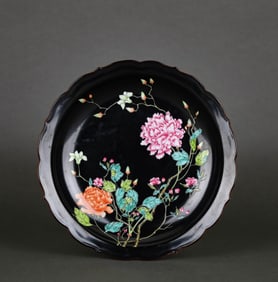 A MIRROR-BLACK GLAZED ENAMEL 'FLORAL' DISH