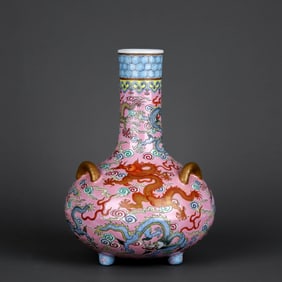 A RUBY RED-GROUND FAMILLE ROSE 'DRAGON' GLOBULAR VASE