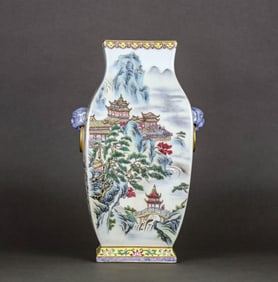 A FAMILLE ROSE 'LANDSCAPE AND PAVILION' BEAST-HANDLED SQUARE VASE