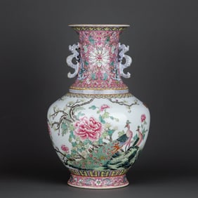 A FAMILLE ROSE 'PEACOCK AND PEONY' VASE