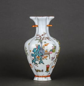 A FAMILLE ROSE 'ANTIQUITIES' LINGZHI-HANDLED VASE