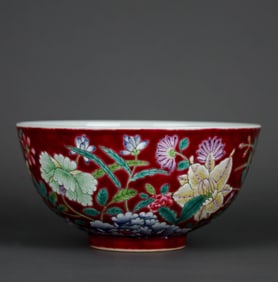 A RUBY RED-GROUND ENAMEL 'FLOWERS' BOWL