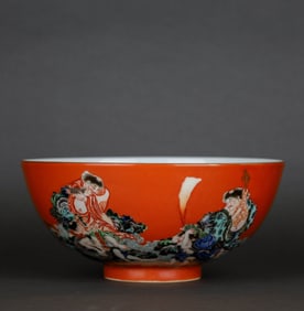 A CORAL-RED GROUND WUCAI 'LIU HAI, IMMORTALS' BOWL
