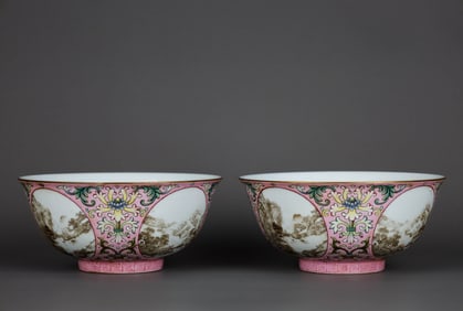 A PINK-GROUND FAMILLE ROSE MEDALLION GRISAILLE 'LANDSCAPE' BOWL
