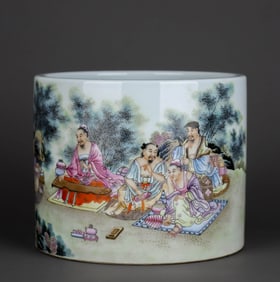 A FAMILLE ROSE 'SEVEN SAGES' BRUSH POT