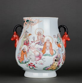 A FAMILLE ROSE ‘ FIGURE WITH POETRY' DEER-HEAD SHAPED VASE