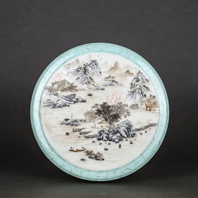 A SKY-BLUE GLAZED MEDALLION 'LANDSCAPE' COVERED BOX