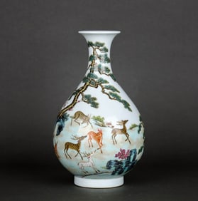A FAMILLE ROSE 'PINE AND DEER' YUHUCHUNPING