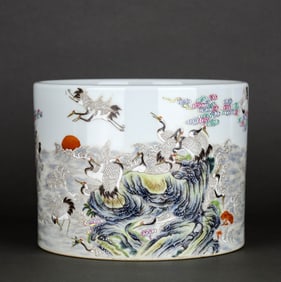 A FAMILLE ROSE 'CRANE' BRUSH POT