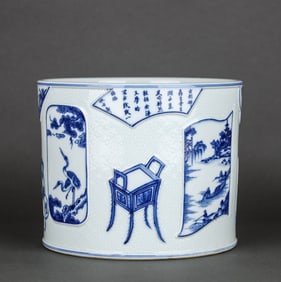 A BLUE AND WHITE MEDALLION 'LANDSCAPE, FIGURES, BIRDS AND POETRY' BRUSH POT