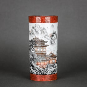 A IRON-RED GLAZED AND GRISAILLE 'LANDSCAPE' BRUSH POT