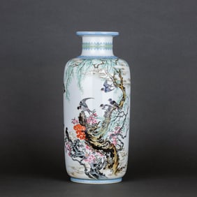 AN ENAMEL 'FLOWERS, BIRDS AND POETRY' ROULEAU VASE