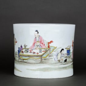 A FAMILLE ROSE 'FIGURES' BRUSH POT