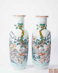 A PAIR OF FAMILLE ROSE 'FIGURES' ROULEAU VASE