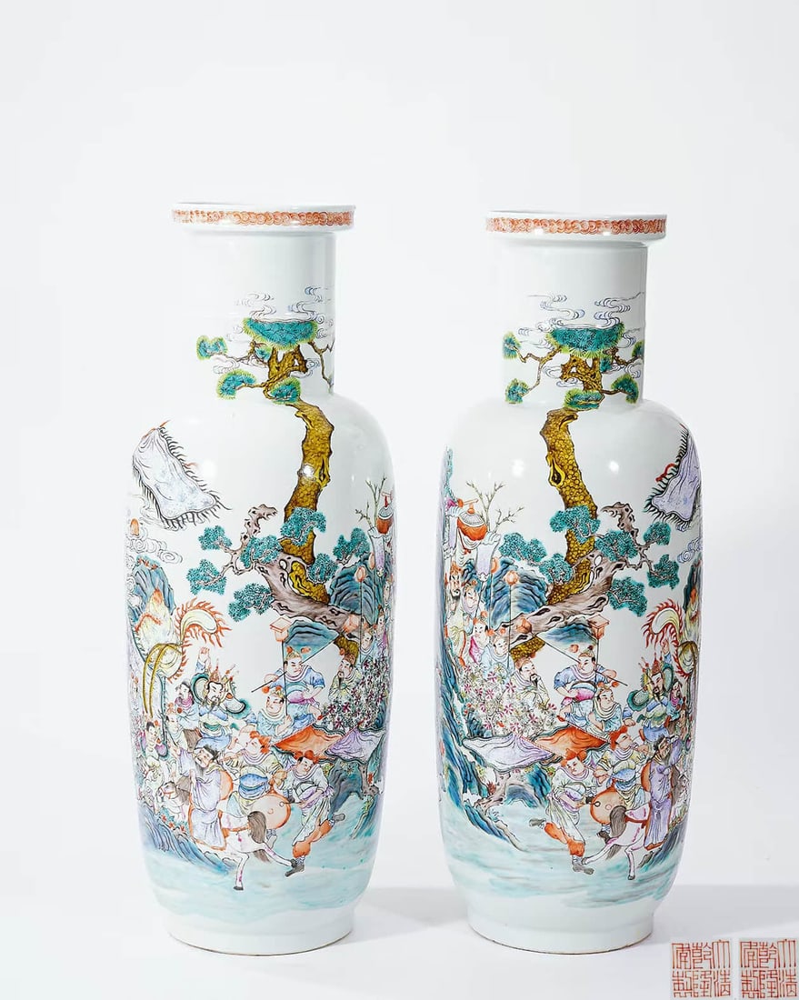 A PAIR OF FAMILLE ROSE 'FIGURES' ROULEAU VASE