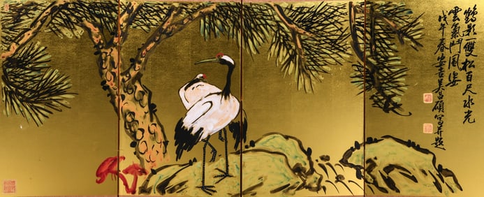 WU CHANGSHUO (1844-1927), ATTRIBUTED TO, PINE AND CRANE SCREEN