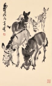 HUANG ZHOU (1925-1997), ATTRIBUTED TO, FIVE DONKEYS