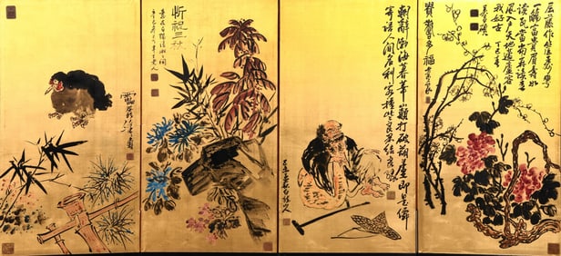 WU CHANGSHUO ET AL., ATTRIBUTED TO, FLOWER-BIRD-ARHAT SCREEN