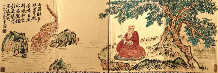 LI SHUTONG (1880-1942), ATTRIBUTED TO, TAMING TIGER ARHAT SCREEN