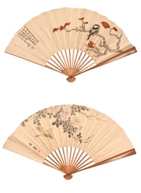 XIE ZHILIU (1910-1997), ATTRIBUTED TO, FLOWER AND BIRD FOLDING FAN
