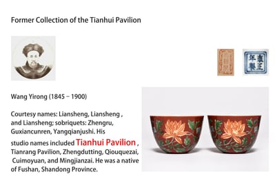 A PAIR OF CORAL-RED GROUND 'INTERLOCKING FLOWERS' CUP