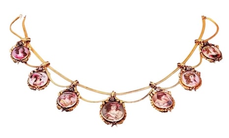 BOURBON DYNASTY 18K GOLD MINIATURE-PAINTED ENAMEL NECKLACE