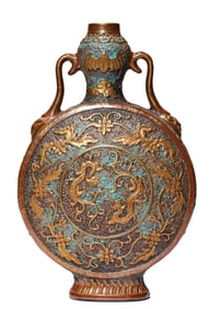 A BRONZE- GLAZED GILT-DECORATED DRAGON AND BAT DOUBLE-HANDLED MOONFLASK