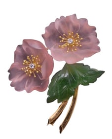 JADEITE HIBISCUS BROOCH BY VIENNESE MASTER GOLDSMITH ANTON JANDA, 1950