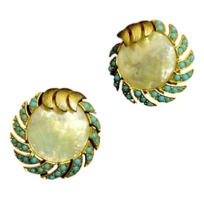 VINTAGE TRIFARI MOTHER-OF-PEARL, TURQUOISE AND GOLDEN LEAF EARRINGS