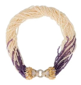 18K GOLD, DIAMOND, PEARL, AMETHYST AND EMERALD CHAIN NECKLACE
