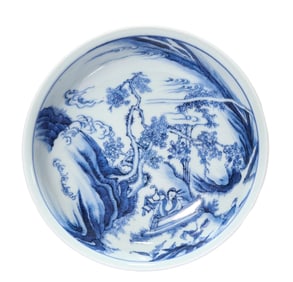 A BLUE AND WHITE 'SCHOLARS UNDER PINE' DISH