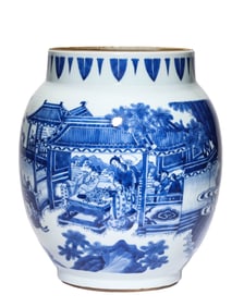 A BLUE AND WHITE 'FIGURE SCENES' JAR