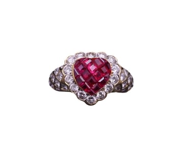 RETRO 18K GOLD RUBY BROOCH
