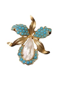 VINTAGE TRIFARI MOTHER-OF-PEARL AND SIMULATED TURQUOISE ORCHID BROOCH
