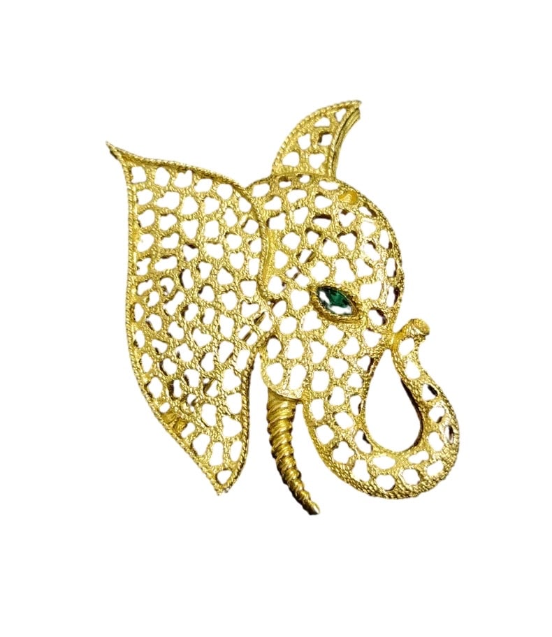 TRIFARI GOLD-TONE "LAVA" PIERCED ELEPHANT BROOCH: TRIFARI GOLD-TONE "LAVA" PIERCED ELEPHANT BROOCH