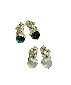 TWO PAIRS OF VINTAGE PENNINO EMERALD, MOONSTONE AND GLASS "MELON" EARRINGS